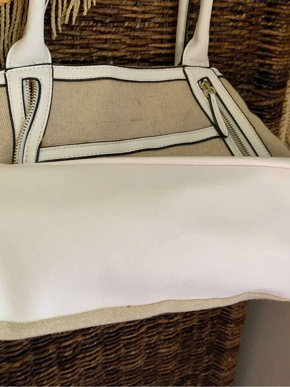 Canvas and White Trim Tote Bag - Women's Neutral Shoulder Bag
